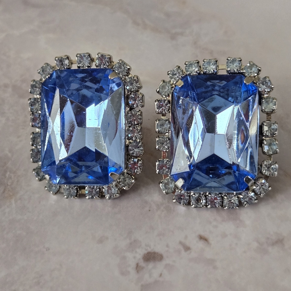 Vintage Blue Rhinestone Glass Clip-On Earrings Mid-Century Statement Jewelry